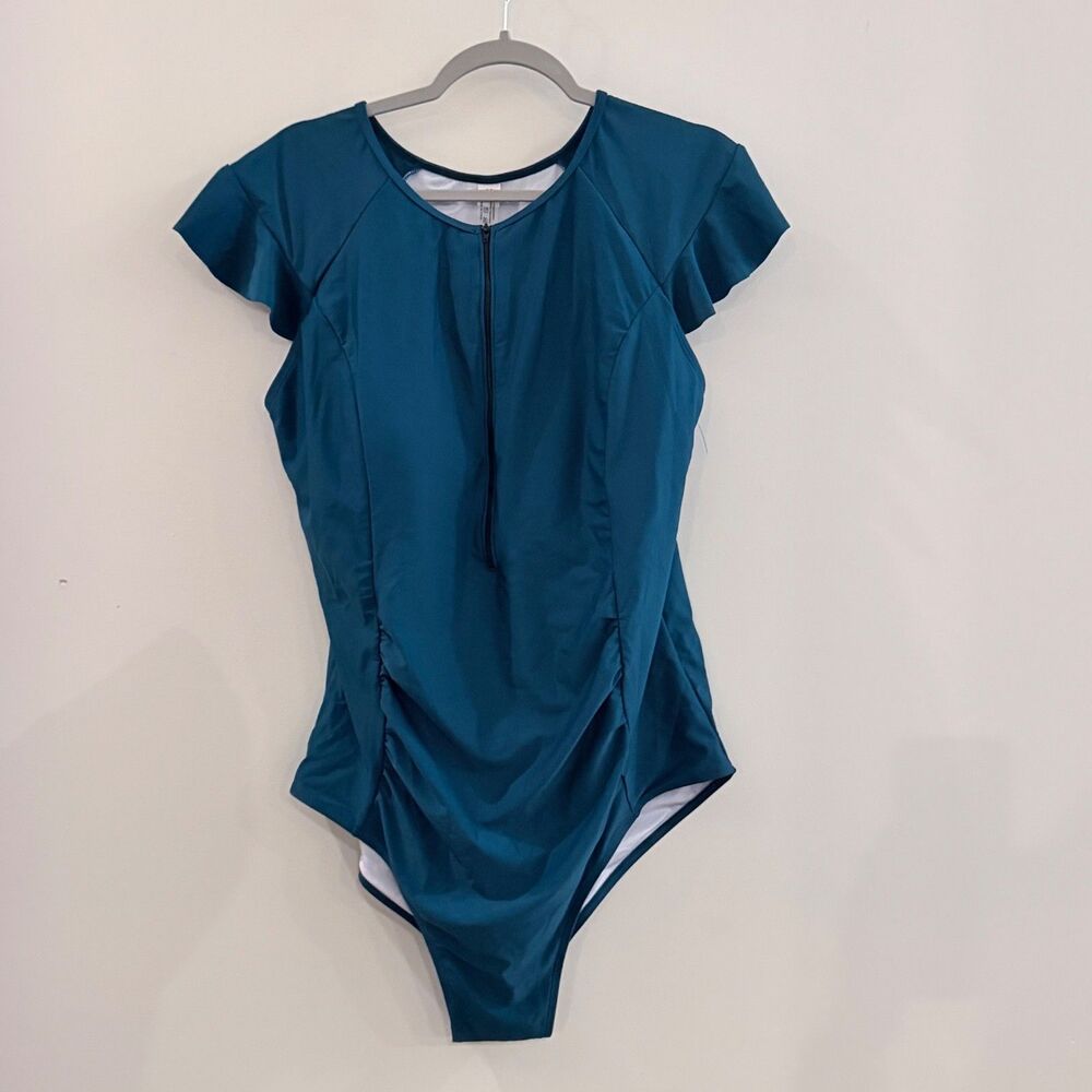 Women’s Plus Size 22W Teal One Piece Swimsuit Front Zip Flutter Sleeve Ruched - Picture 2 of 12